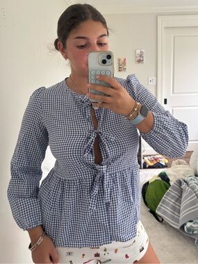 Blue and White Gingham Tie Top